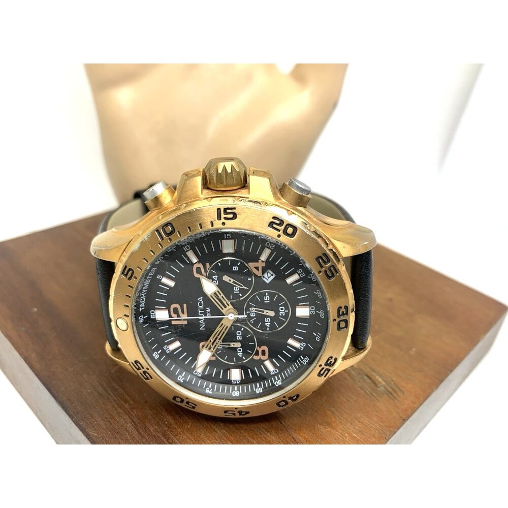 Nautica Men's Watch N18523 Quartz Black Dial Rose Gold Tone Leather Band 48mm - Picture 8 of 14